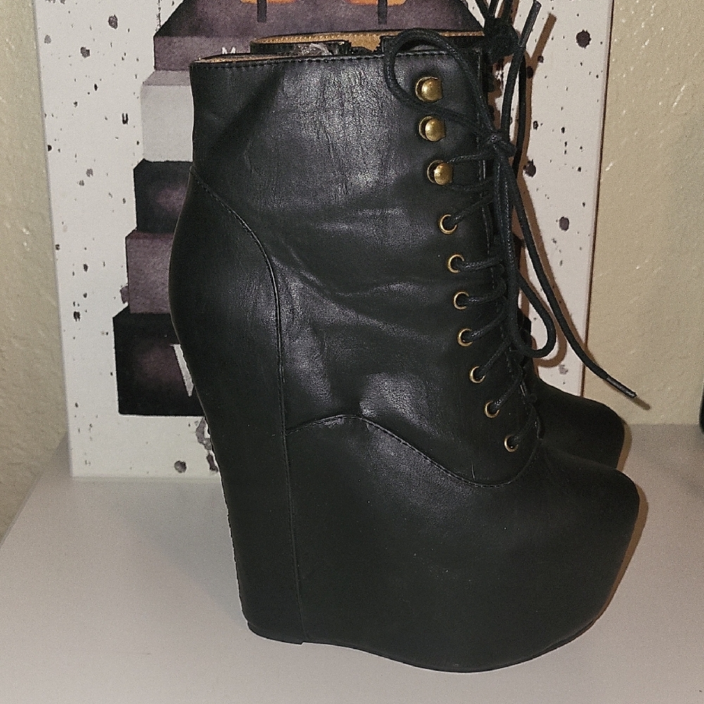 Jeffrey Campbell Damsel Black Lace Up Platform Wedge Boots, Sz 7.5 - Picture 5 of 11